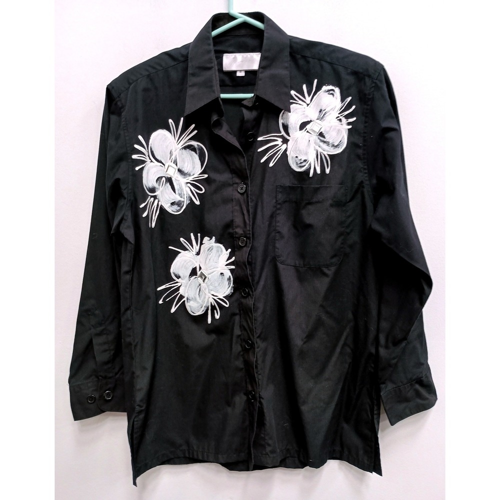 VTG 90s Get Lucky Hand Painted Art Top Women S Black Floral Gemstone